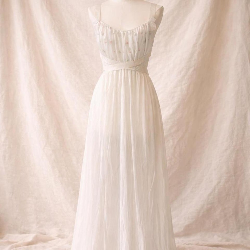Rogers Vintage Nightgown Dress Women White Flora Embroidery Sheer Maxi Excellent